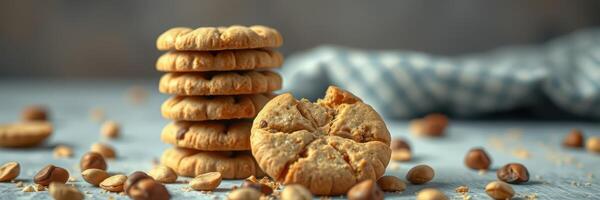 Freshly baked cookies arranged on a table with scattered coffee beans and a gray towel in a cozy kitchen setting photo