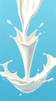 Splash of milk creates an artistic eruption against a bright blue background during a creative food photography session photo