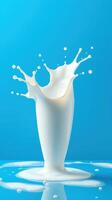 Splash of milk from a glass against a vibrant blue background creates a dynamic and fresh visual experience photo
