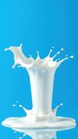 Creamy milk splashes against a vibrant blue background, conveying freshness and vitality in a playful manner photo