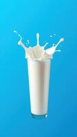 Splash of milk captured in a tall glass against a bright blue background photo