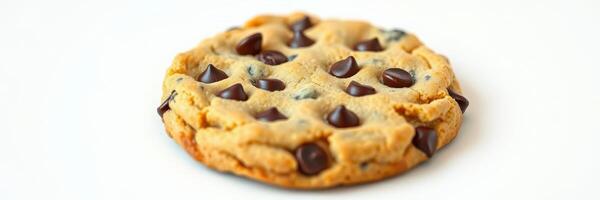 Freshly baked chocolate chip cookie resting on a plain surface, inviting indulgence in a cozy kitchen setting photo