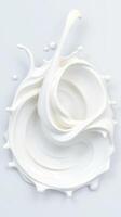 Swirling white cream creating dynamic splashes against a light background illustrating movement and fluidity photo
