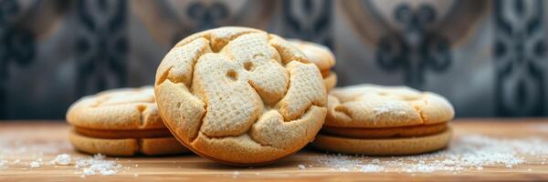 Freshly baked cookies arranged on a wooden surface with a decorative background photo