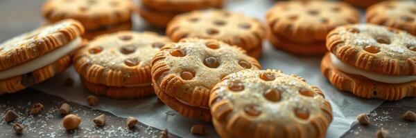 Delicious cookies arranged on a table with a sprinkle of sugar and chocolate chips in a cozy kitchen setting photo