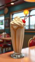 Delicious vanilla milkshake topped with whipped cream and cherry served in a retro diner photo