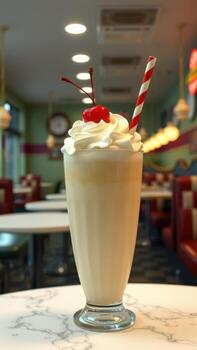 Delicious milkshake topped with whipped cream and cherry served in a retro diner setting during afternoon hours photo