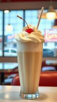 Creamy milkshake topped with whipped cream and a cherry served in a diner during the daytime photo