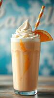 Creamy orange beverage topped with whipped cream in a decorative glass with a straw photo