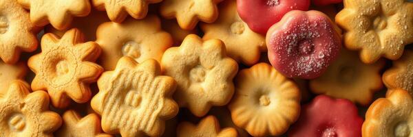 Deliciously colorful assortment of baked cookies arranged in a playful display on a wooden surface photo