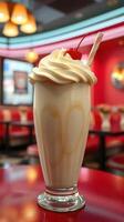 Creamy milkshake topped with whipped cream and cherry in a retro diner setting photo