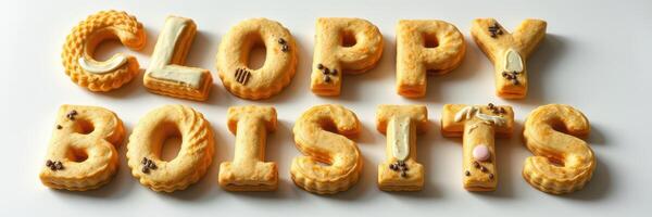 Creative baked goods spelled out in unique letter-shaped cookies arranged on a white surface photo