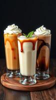Creamy milkshakes served on a wooden board with caramel and chocolate drizzle in a dimly lit cafe setting photo
