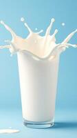 Milk splashes from glass in a dynamic display against a light blue background photo