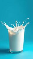Splash of milk creates dynamic motion in clear glass against vibrant blue background photo