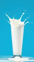 Splashing milk in a tall glass with vibrant blue background showcasing dynamic liquid motion photo