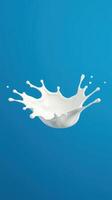 Splash of milk on a vibrant blue background captures the essence of freshness and purity in liquid form photo