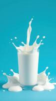 Splashing milk from a glass creates an artistic display against a vibrant blue background photo