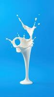 Milk splashes dramatically against a vibrant blue background capturing fluid motion and freshness photo