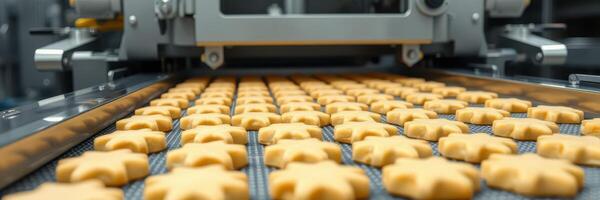 Line of freshly baked cookies being processed on the conveyor belt in a modern bakery facility photo