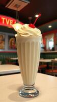 Classic milkshake with whipped cream and cherry served in a retro diner during afternoon dining photo