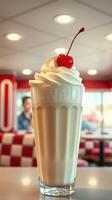Creamy milkshake topped with whipped cream and cherry in a retro diner setting photo