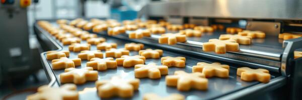 Cookies shaped like snowflakes being produced on a factory conveyor belt in a busy bakery during daytime photo