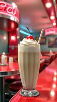 Creamy milkshake topped with cherry in a vintage diner setting during the evening hours photo