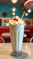 Creamy milkshake topped with whipped cream and cherry in retro diner setting photo