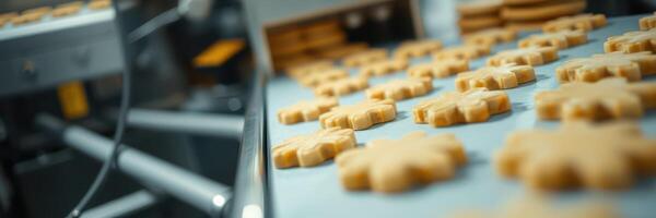 Cookies are being shaped on an industrial conveyor belt in a modern bakery during production hours photo