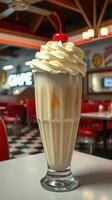 Creamy milkshake topped with whipped cream and cherry in a retro diner setting photo