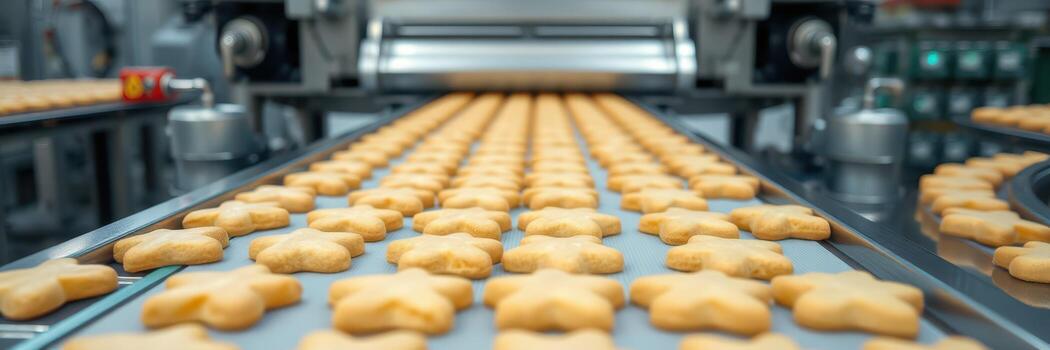 Cookies baking on a conveyor belt in a large industrial bakery during daytime production hours photo