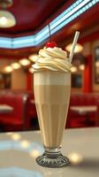 Delicious milkshake topped with whipped cream and a cherry in a classic diner setting during the afternoon photo