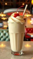 Creamy vanilla milkshake topped with whipped cream and cherry in a retro diner setting photo