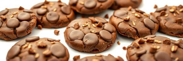 Delicious chocolate cookies baked fresh with chocolate chips and oats on a clean white background photo