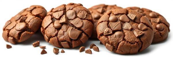 Delicious chocolate cookies arranged on a white surface showcasing rich textures and chocolate chips during a baking session photo