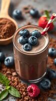 Refreshing chocolate smoothie topped with blueberries and strawberries surrounded by cocoa and mint leaves photo