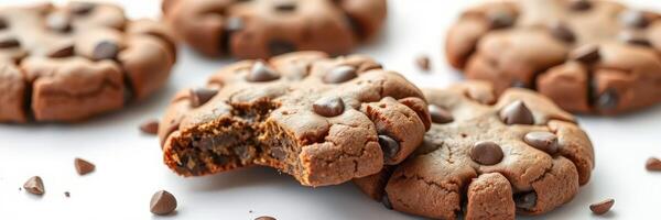 Homemade chocolate chip cookies displayed on a white surface with some bites taken out of a few photo