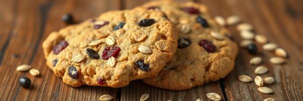 Warm homemade cookies with oats and dried fruits on a rustic wooden table photo