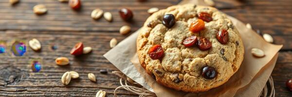 Delicious cookie with nuts and fruits on a rustic wooden table, perfect for a cozy snack photo