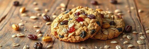 Delicious homemade cookies with nuts and dried fruit on a wooden table during a cozy afternoon photo