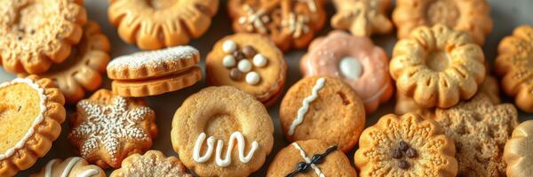 Assorted cookies displayed on a tray with intricate designs ready for a festive gathering or celebration photo