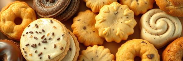 Variety of freshly baked cookies arranged on a platter in a warm kitchen setting photo
