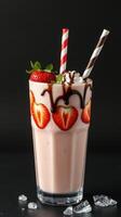 Delicious strawberry milkshake topped with whipped cream and chocolate drizzle served in a glass with colorful straws photo