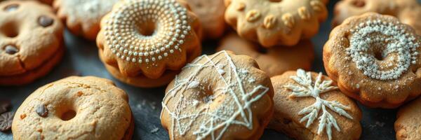 Homemade cookies displayed on a table, showcasing various decorative patterns and flavors for a delightful treat photo