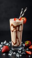 Delicious strawberry and chocolate milkshake garnished with fresh strawberries and served with two straws photo
