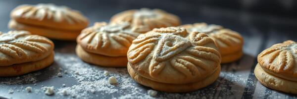 Freshly baked cookies decorated with powdered sugar on a cooling rack in a cozy kitchen photo