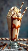Indulging in a rich caramel and chocolate milkshake topped with whipped cream and chocolate shavings photo