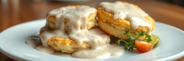 Savory biscuits topped with creamy gravy served on a white plate in a cozy dining setting photo