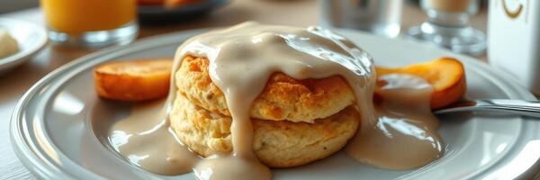 Delicious biscuit with creamy gravy served with slices of golden potatoes for breakfast photo